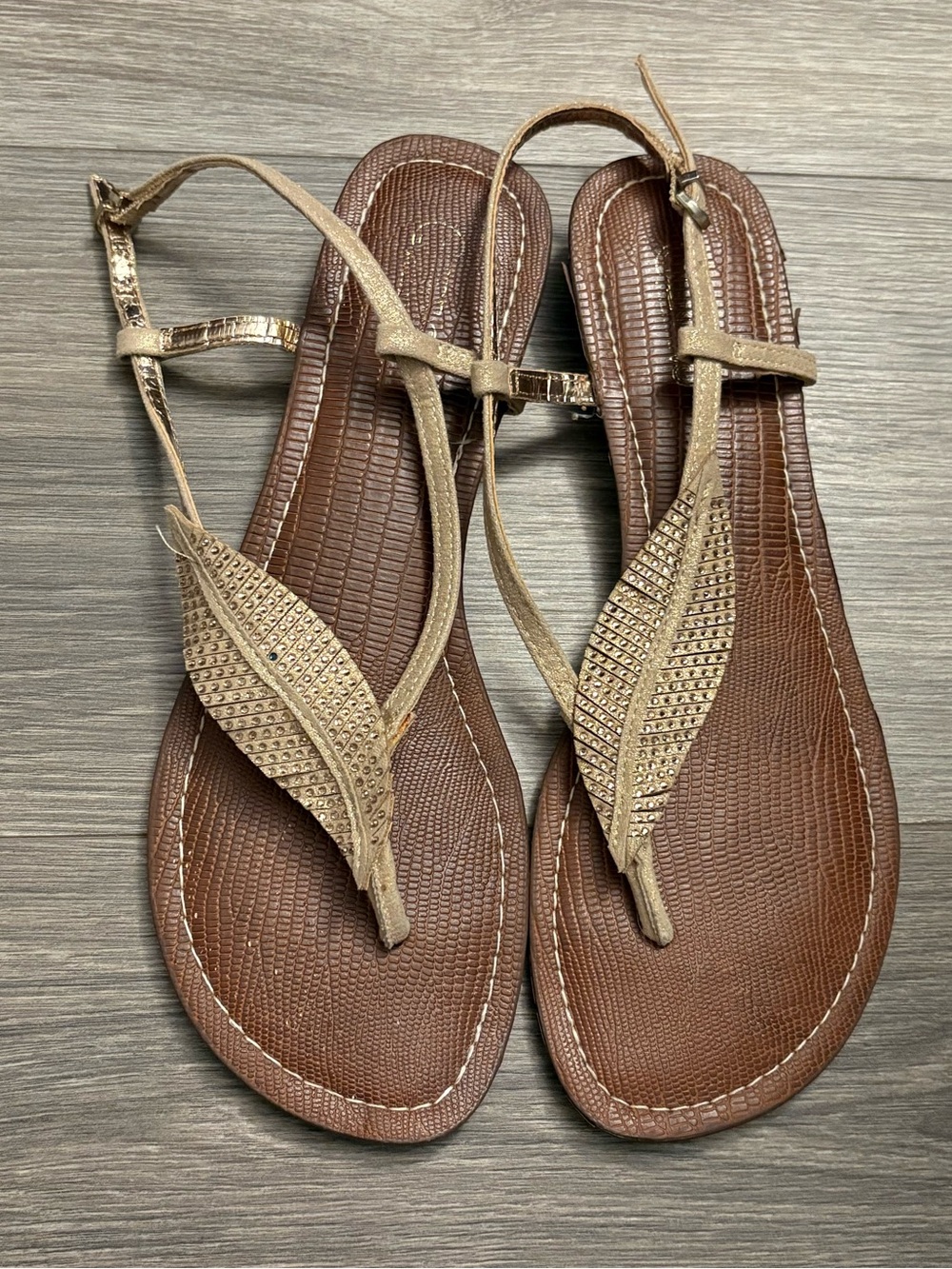 Women's Gold Leaf T-Strap Sandals